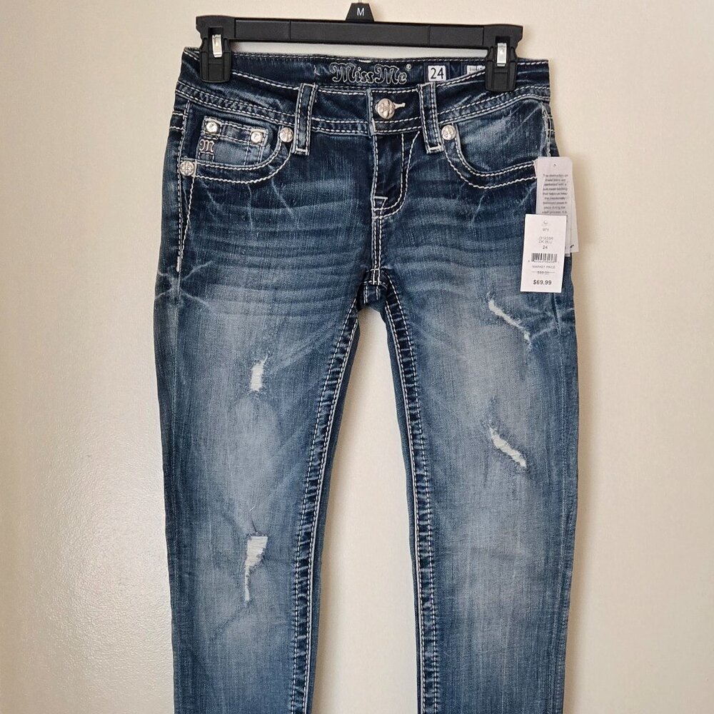 Miss Me Signature Skinny Angel Wings Low Rise Dark Blue Jeans Women's Size 24